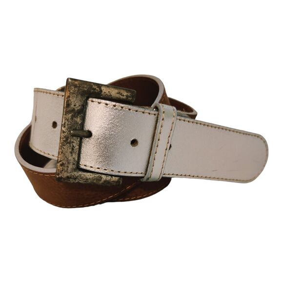 Vera Pelle VTG Women's Belt Tan/Silver Composite Leather Made In Italy Size 90 - Picture 2 of 8